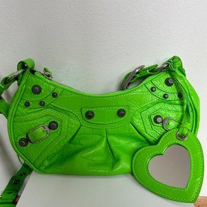 New BALENCIAGA Le Cagole XS Studded Neon Croc Effect Leather Shoulder Bag
